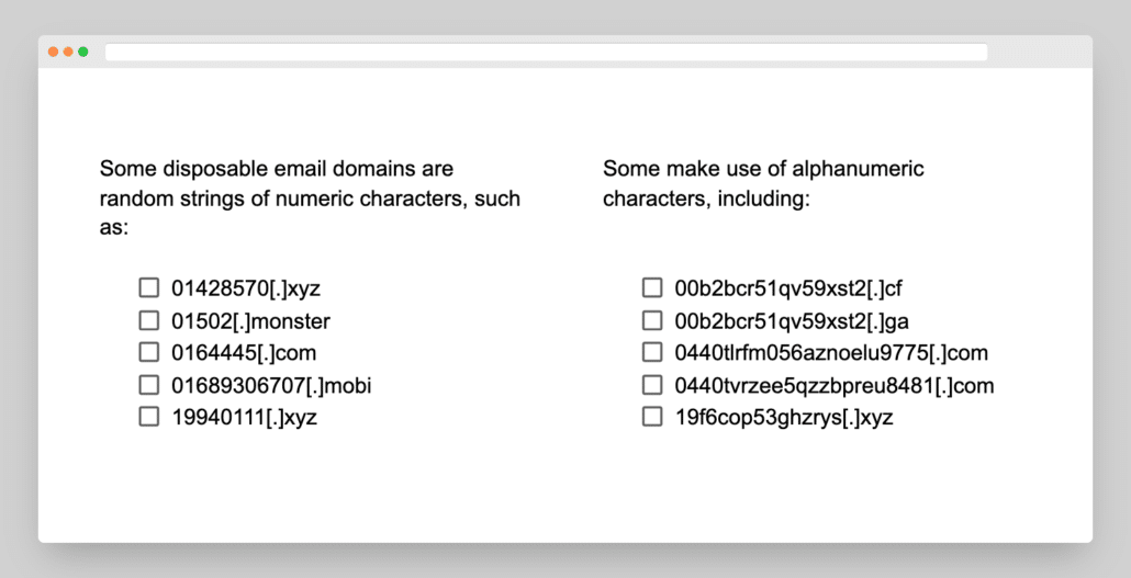 A screenshot of suspicious email domains with various random numbers, letters and symbols to watch out for.