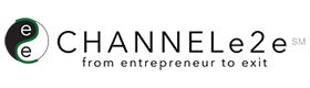 CHANNELe2e from entrepreneur to exit logo with yin-yang symbol with an opposite-colored "e" in each side.