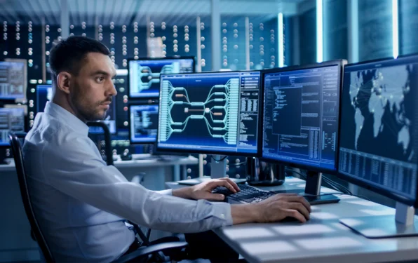 A male CMMC expert seated at a desk, analyzing the data across three large monitors: one with a connections chart, another with code, and another with a world map.