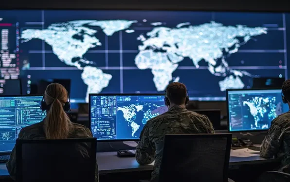 Two male veterans and one female veteran seated at a large shared workspace looking at three separate monitors with various code and data, with a large, wall-sized screen in front of them showing a world map.