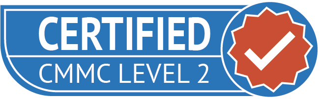 Stylized badge in bright blue, stating Certified CMMC Level 2 in white, with red starburst and white checkmark in the center.