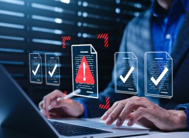 Document risk review concept. Person using laptop to approve files. compliance audit, warning report, error detection, policy checking, validation control, secure workflow, business risk management