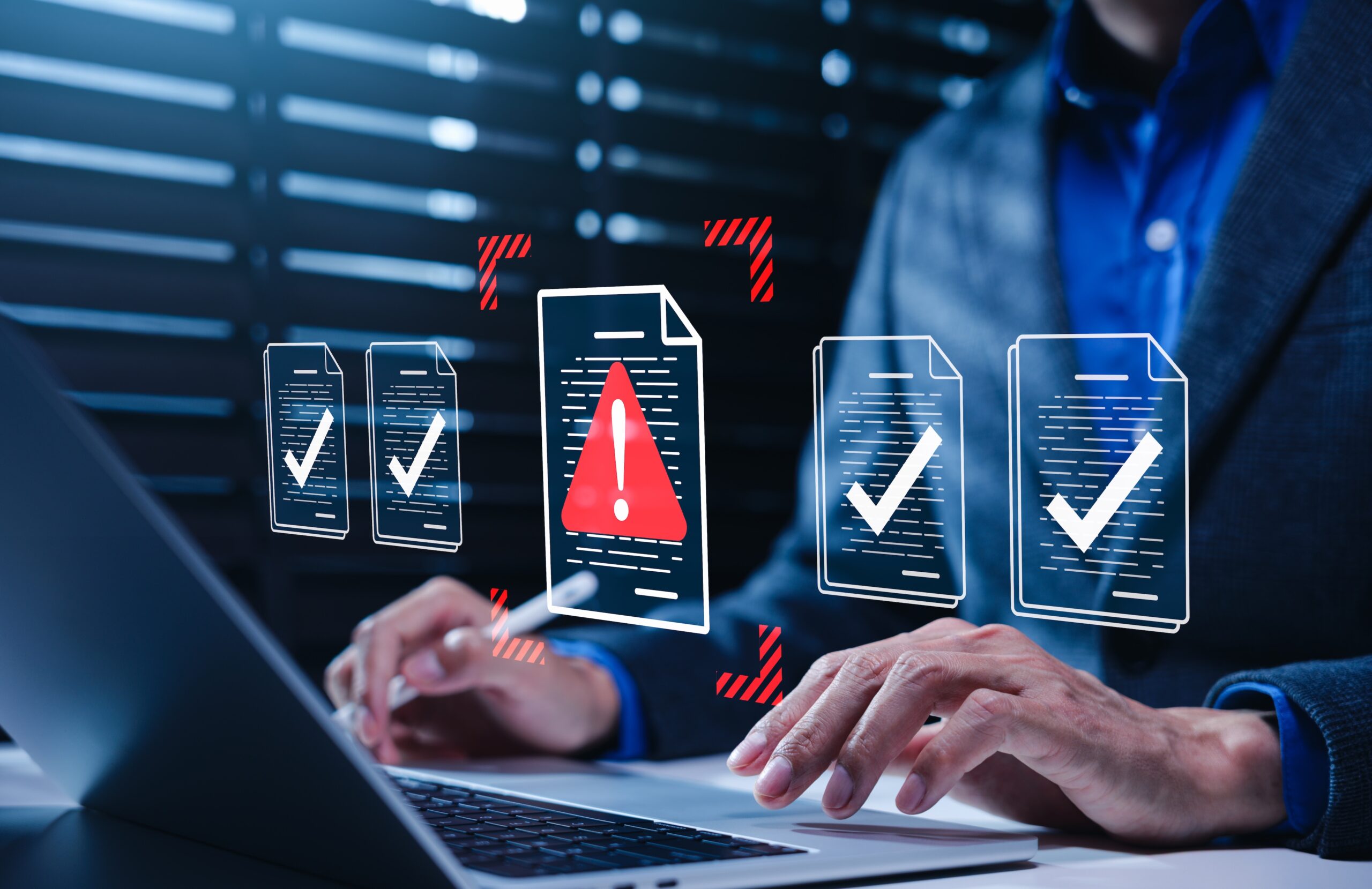 Document risk review concept. Person using laptop to approve files. compliance audit, warning report, error detection, policy checking, validation control, secure workflow, business risk management